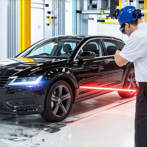 A technician using a laser-based frame measurement scanner on a car to detect structural misalignment