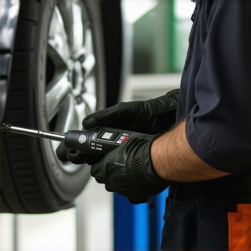 Car technician adjusting torque on a bolt with a digital torque wrench in a workshop.