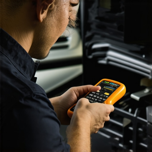 Professional auto diagnostics setup Technician diagnosing car electrical system with multimeter and OBD-II scanner