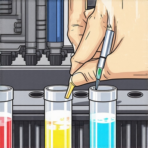 Mechanic drawing coolant sample from radiator into a vial for chemical testing.