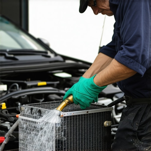 Mechanic flushing car radiator with garden hose