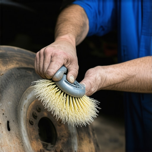 Mechanic cleaning rust from a car's wheel well with a wire brush