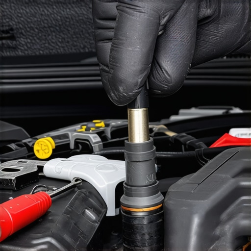 Mechanic testing coolant sensor in engine bay with tools
