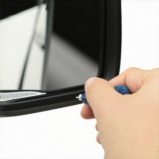 Person using a screwdriver to tighten a car's rearview mirror mount