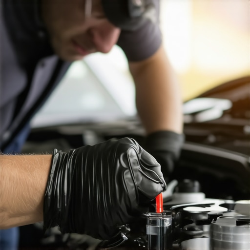 Mechanic inspecting transmission fluid with dipstick during vehicle maintenance.