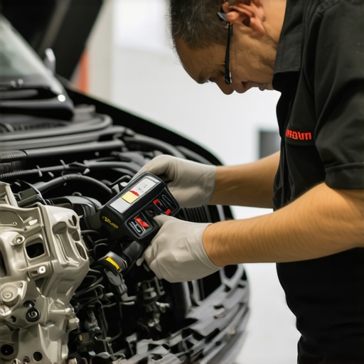 Transmission Inspection Auto repair technician diagnosing vehicle transmission with diagnostic tool