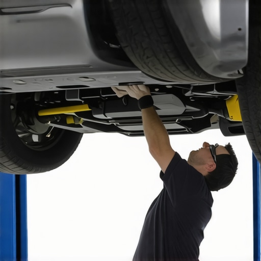 Auto mechanic working on a car transmission with tools on a lift.