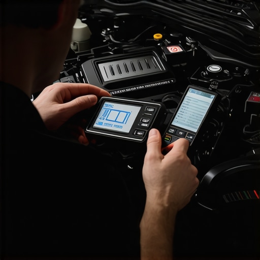 Mechanic inspecting a car's engine with diagnostic tools, emphasizing electronic components and sensors.