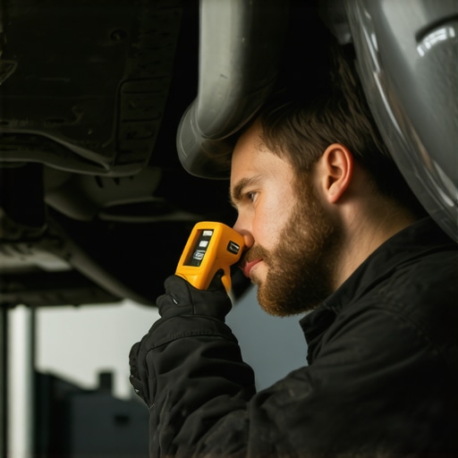 A mechanic measures exhaust temperature with an infrared device during car maintenance.
