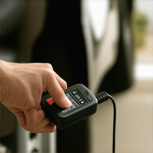 Person connecting a Bluetooth OBD-II scanner to a car's diagnostic port in a garage