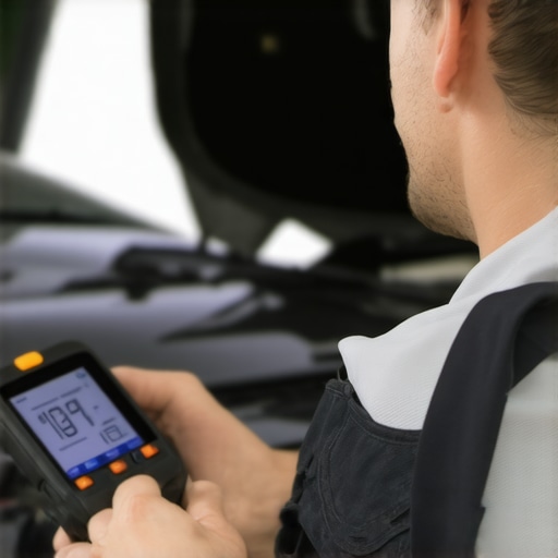 Using a Diagnostic Scanner in Auto Maintenance Mechanic analyzing vehicle diagnostics with an advanced scanner in a professional garage.