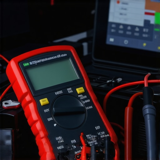 A mechanic testing a car's electrical system with a multimeter, showing detailed readings on the device