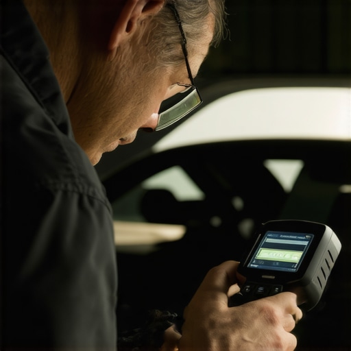 Technician inspecting vehicle diagnostics with a Bluetooth scanner.