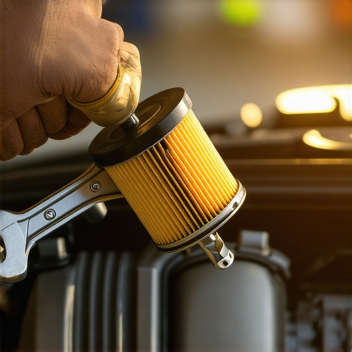 A hand firmly gripping an oil filter wrench on a vehicle's oil filter in a clean garage.