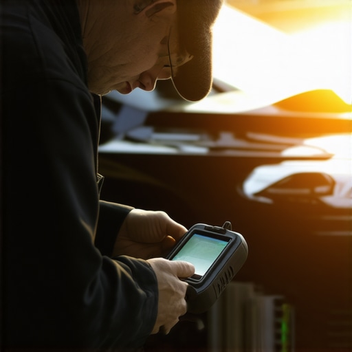Mechanic connecting a diagnostic scanner to a car's engine in a garage
