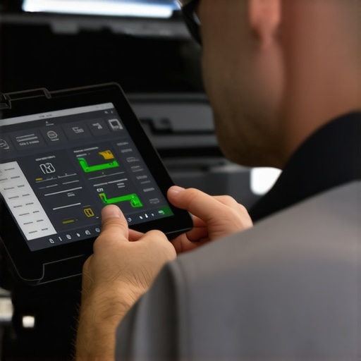 Technician using OBD-II scanner for vehicle diagnostics, emphasizing precision auto maintenance.