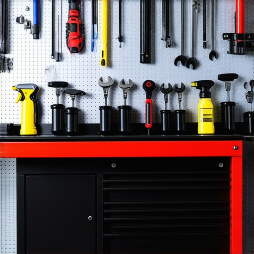 Mechanic's toolkit set up with diagnostic scanner, wrenches, and cleaning supplies