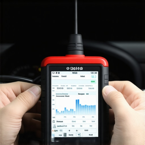 A mechanic using an OBD-II scanner to diagnose engine and transmission issues.