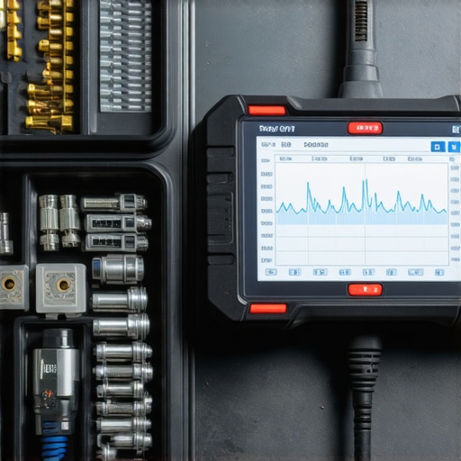 An OBD-II scanner and magnetic parts tray on a workbench.