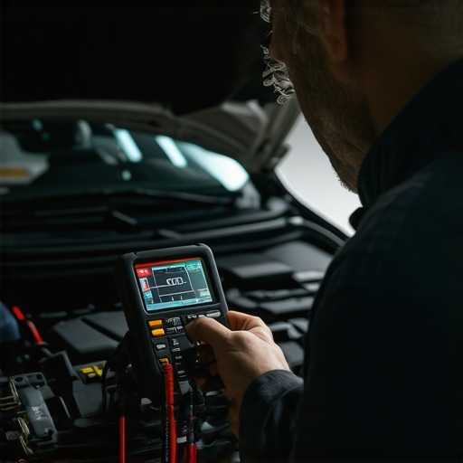 A mechanic using a multimeter to diagnose car electrical issues