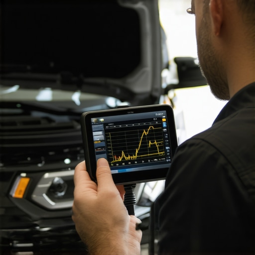 Professional technician performing an OBD-II diagnostic scan on a car to find performance issues.