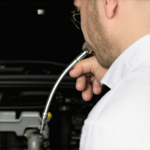 Mechanic using a stethoscope on a modern car engine.