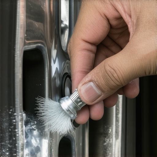 A mechanic carefully applying lubricant to a car hub to prevent future stuck wheels.