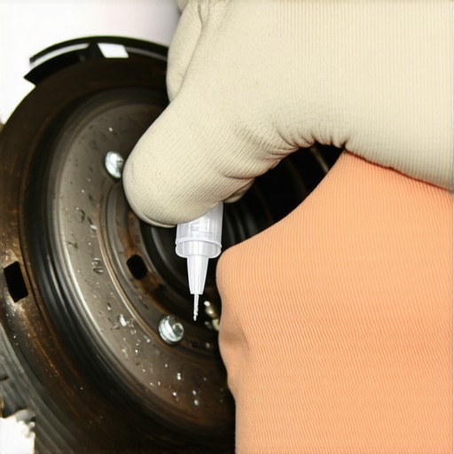A close-up of a mechanic applying lubricant to the back of a brake pad to prevent squealing.
