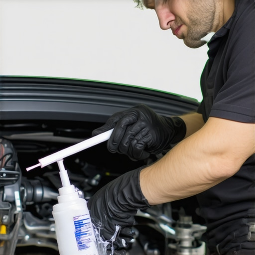 Applying Lubricant to a Car Hood Latch Mechanic lubricating a car hood latch with white lithium grease.