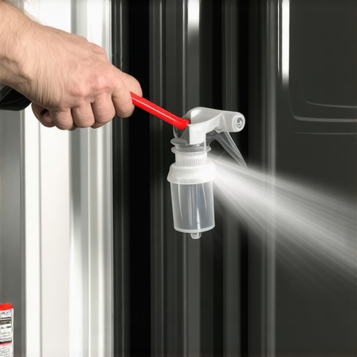 Close-up of lubricating car door handle rods with white lithium grease