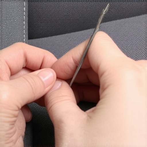 Applying donor fibers to car seat burn Close up of car seat upholstery repair process