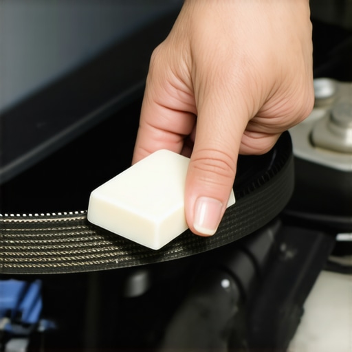 A hand rubbing bar soap onto the grooves of a car fan belt to stop a high-pitched squeal.
