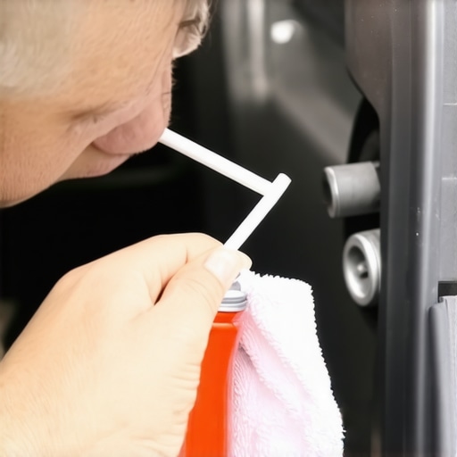 Mechanic applying lubricant to a car door hinge pin using a precision straw.