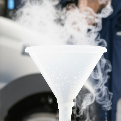 A technician using a spill-free funnel to remove air pockets from a vehicle radiator to fix heater issues.