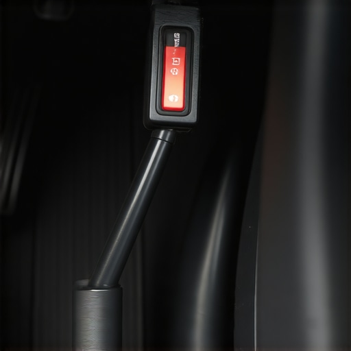 Close up of a car brake light switch and pedal arm assembly under the dashboard.