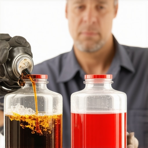 Close up of old burnt transmission oil versus new fluid to illustrate the myth of lifetime fluids.