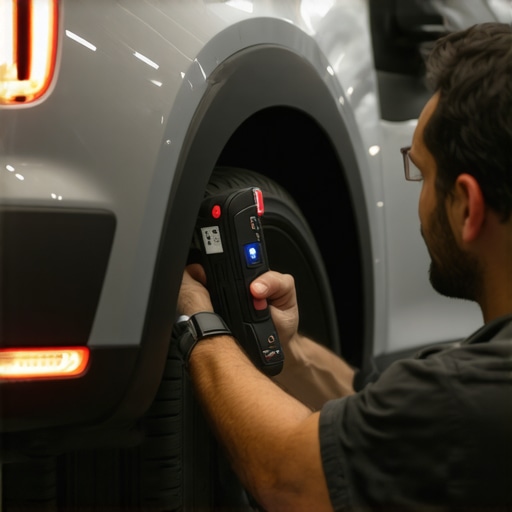 Technician using laser tools to align vehicle sensors after a repair.
