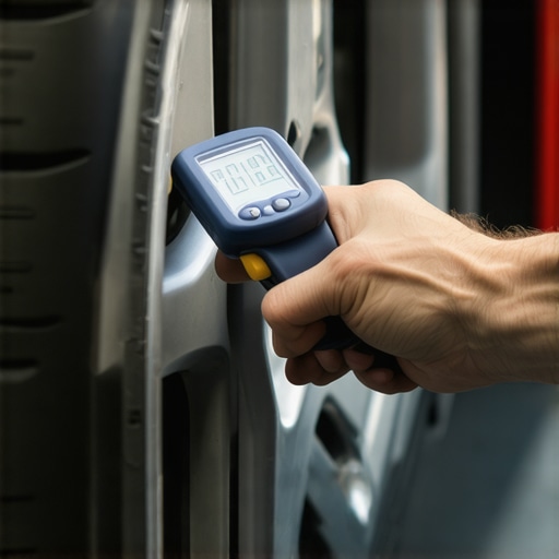Checking Brake Rotor Temperature Mechanic using an infrared thermometer to diagnose a seized brake caliper by measuring rotor heat.