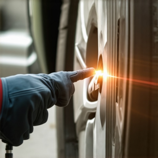Mechanic using an infrared thermometer to diagnose a bad wheel bearing.