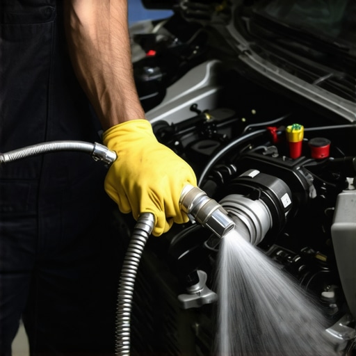 Mechanic inspecting a car engine for vacuum leaks using cleaner spray.