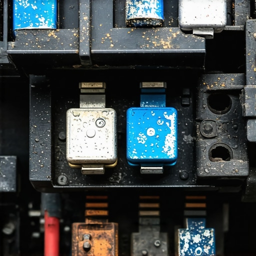 Corroded car battery terminals with blue-white oxidation.