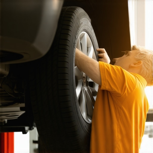 Mechanic performing the 12 and 6 o'clock shake test on a car tire