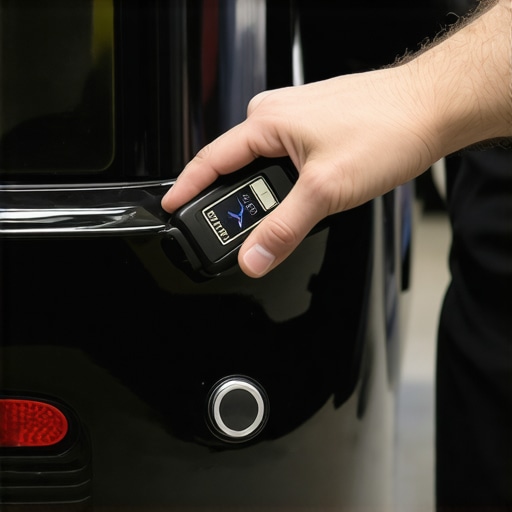 A mechanic measuring paint thickness on a bumper sensor to diagnose false beeping alerts.