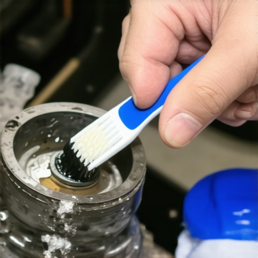Mechanic scrubbing carbon buildup from a vehicle throttle body to prevent engine lunging