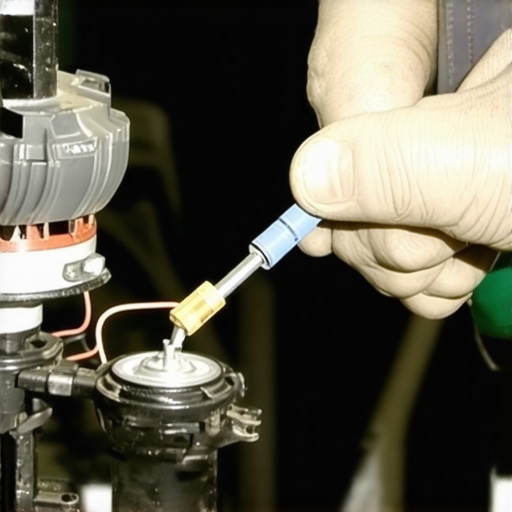 Mechanic cleaning a car's mass air flow sensor with aerosol cleaner.