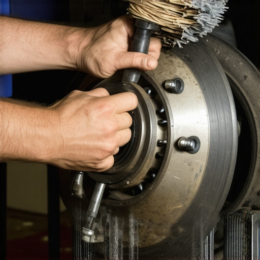 Cleaning the wheel hub for smooth braking Mechanic cleaning rust off a car wheel hub with a wire brush