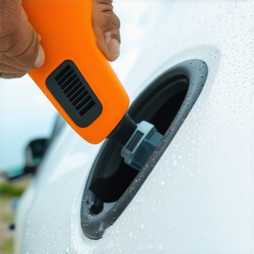 A person using orange weed eater line to clear a clog in a vehicle sunroof drain hole.