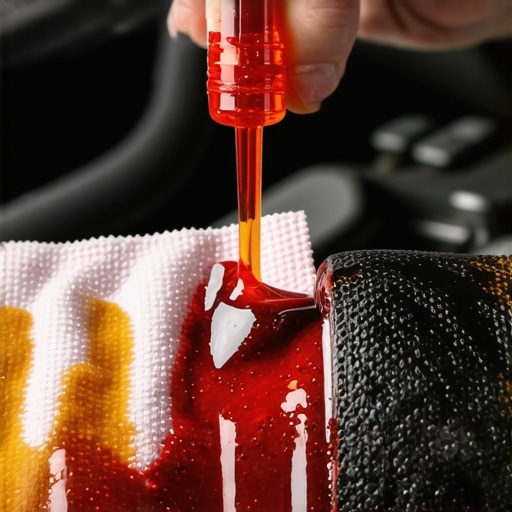 Mechanic holding a transmission dipstick showing the difference between clean red fluid and dirty brown fluid.
