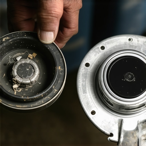 A side-by-side comparison of a failing radiator cap seal versus a new replacement.
