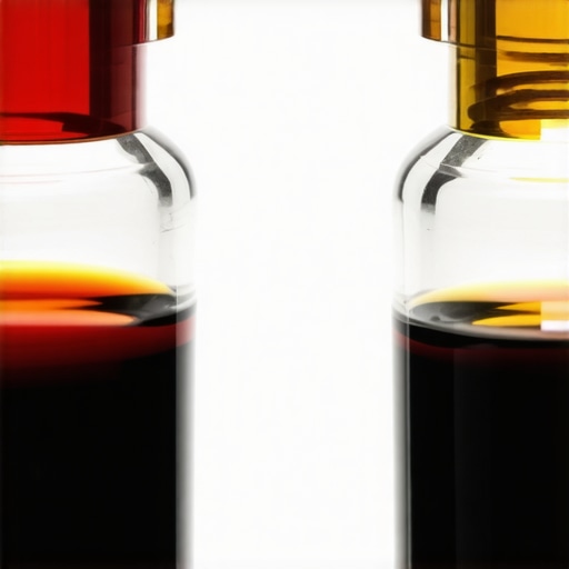 Clean red transmission fluid versus dark burnt transmission fluid in glass containers